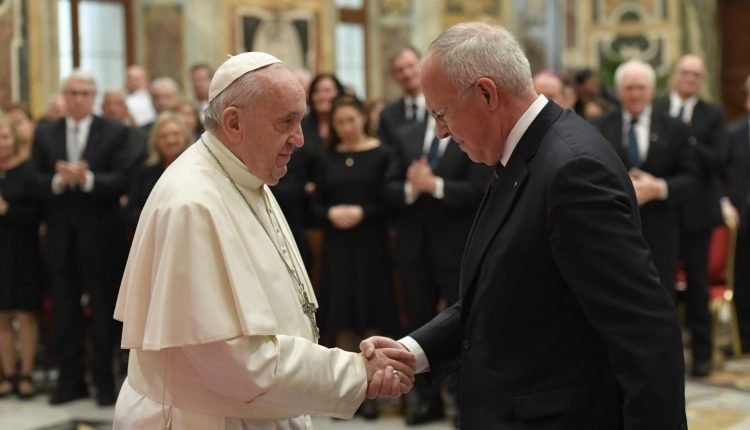 Pope Francis greets Supreme Knight Carl Anderson at the audience with the Board of Directors of the Knights of Columbus